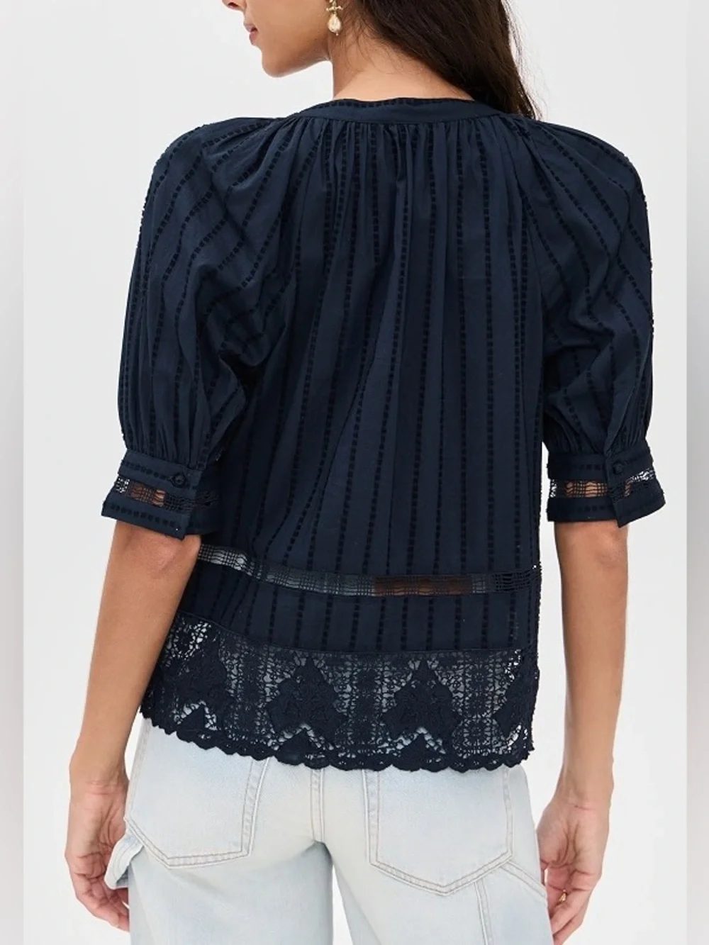 Ulla Johnson Faye Puff Sleeve Cotton Top in Midnight Blue size 8